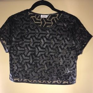 Black Faux Leather Mesh Geometric Crop Top